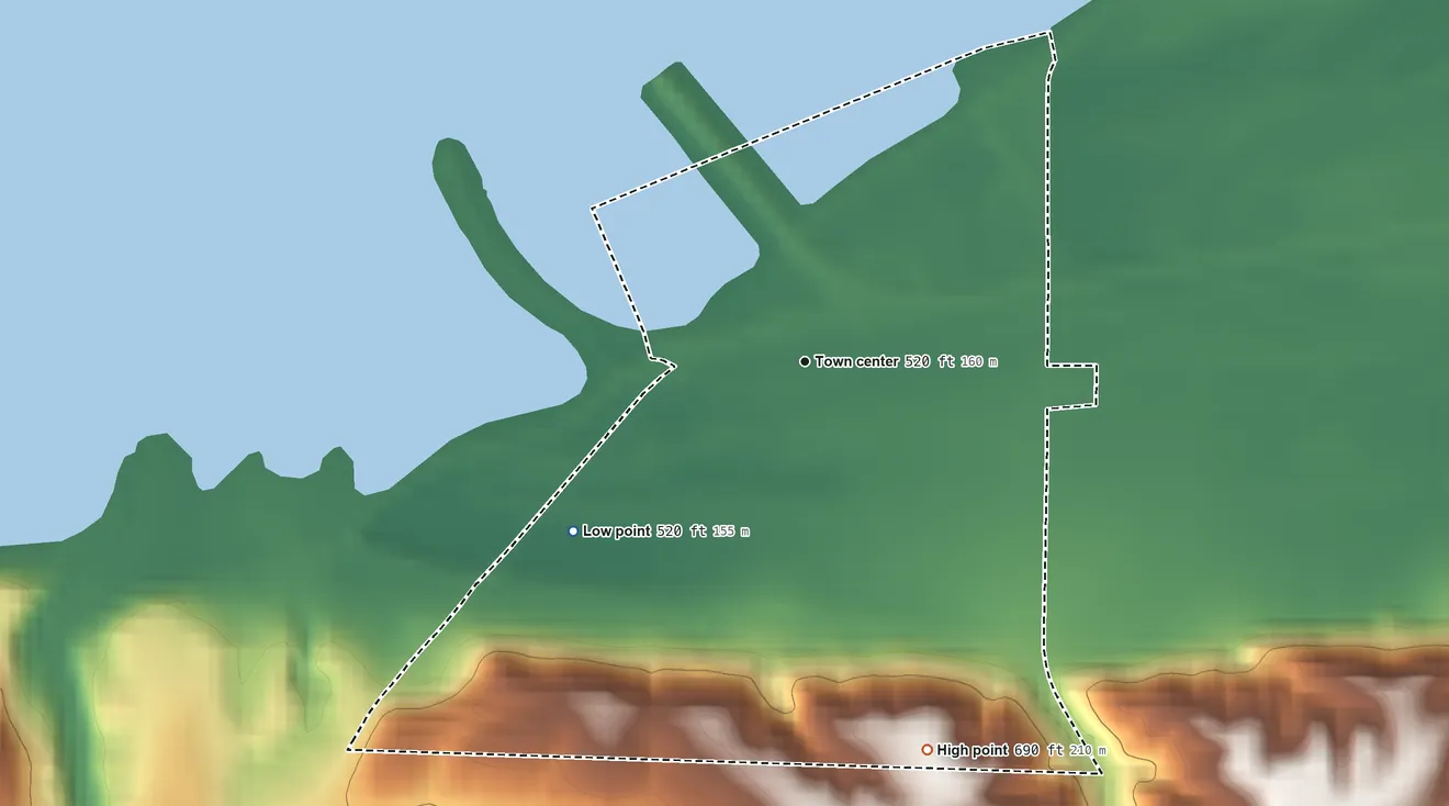 Topographic elevation map of Niota, Illinois, shaded from 520 ft on the southwest side to 690 ft on the south side