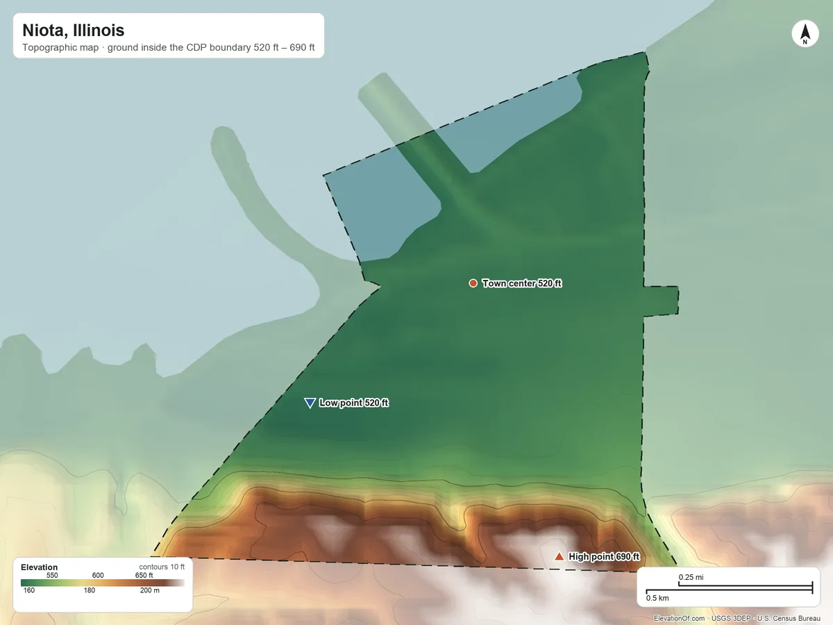 Topographic elevation map of Niota, Illinois, shaded from 520 ft on the southwest side to 690 ft on the south side