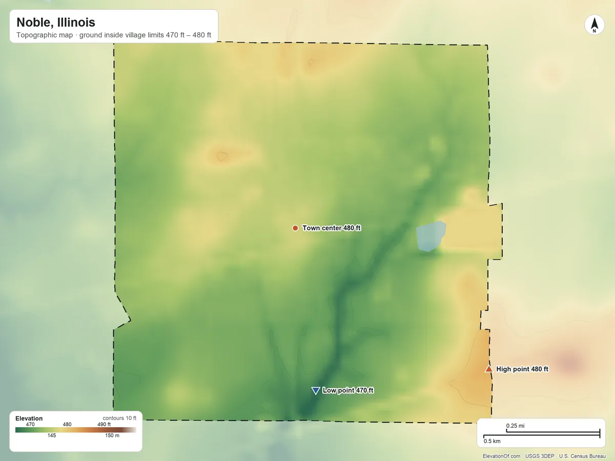 Topographic elevation map of Noble, Illinois, shaded from 470 ft on the south side to 480 ft on the southeast side