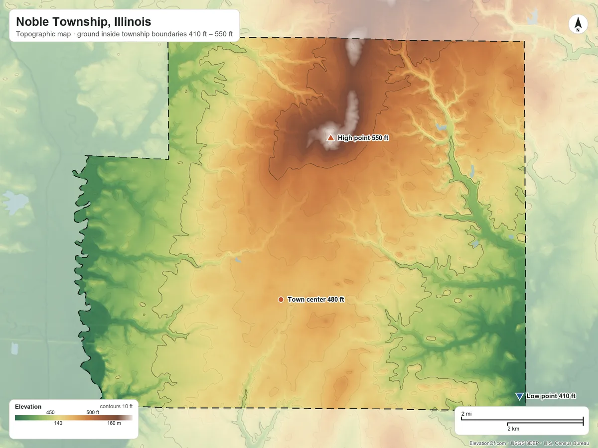 Topographic elevation map of Noble Township, Illinois, shaded from 410 ft on the east side to 550 ft on the north side