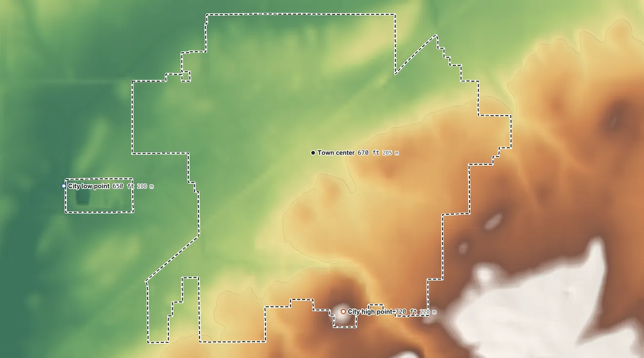 Topographic elevation map of Nokomis, Illinois, shaded from 650 ft on the west side to 720 ft on the south side