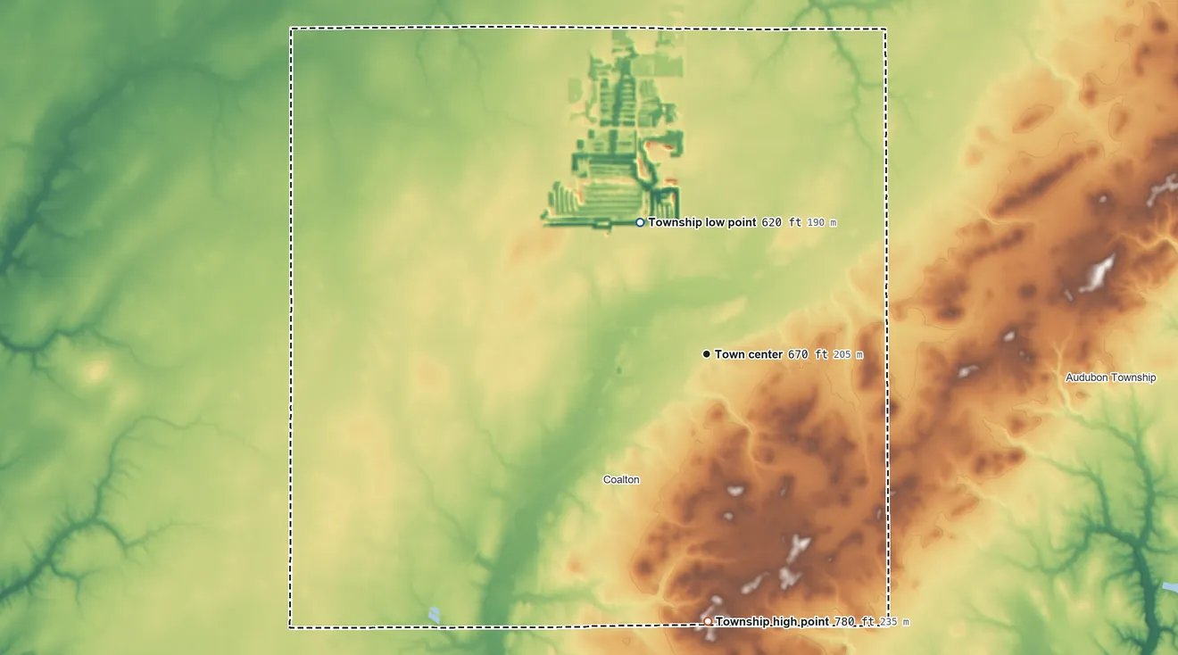 Topographic elevation map of Nokomis Township, Illinois, shaded from 620 ft on the northwest side to 780 ft on the south side