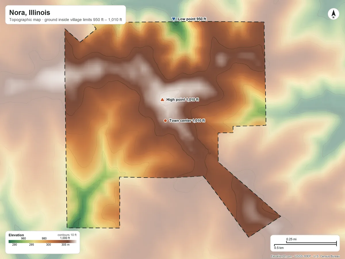 Topographic elevation map of Nora, Illinois, shaded from 950 ft on the north side to 1,010 ft near the middle