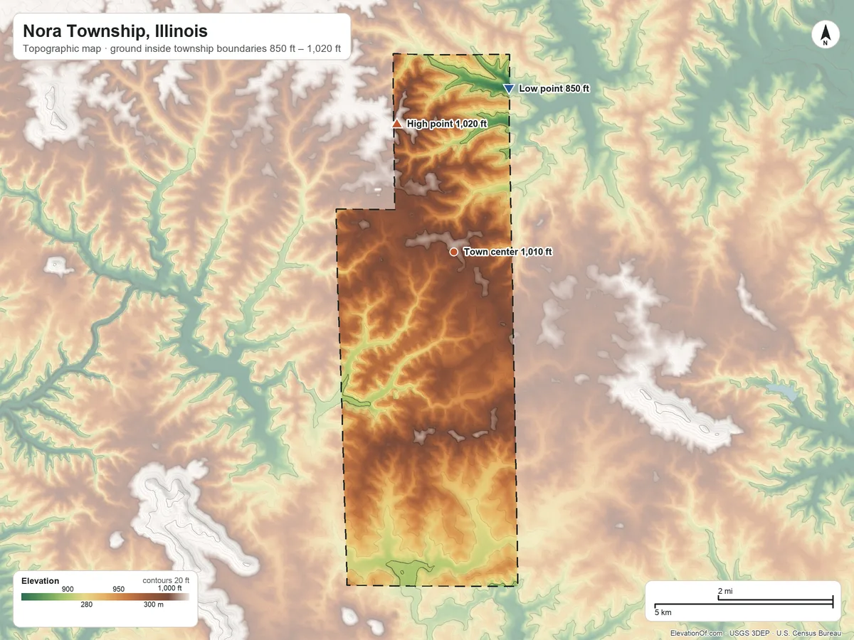 Topographic elevation map of Nora Township, Illinois, shaded from 850 ft on the north side to 1,020 ft on the northwest side