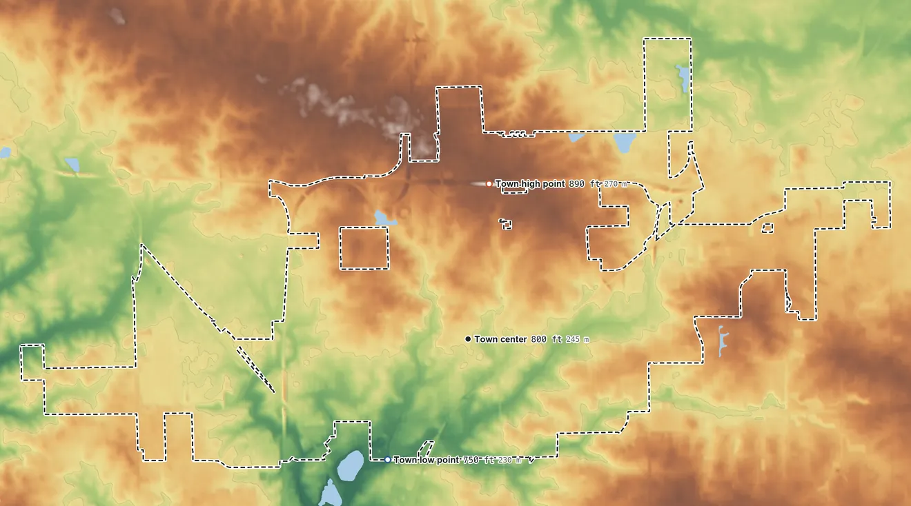 Topographic elevation map of Normal, Illinois, shaded from 750 ft on the southwest side to 890 ft on the north side