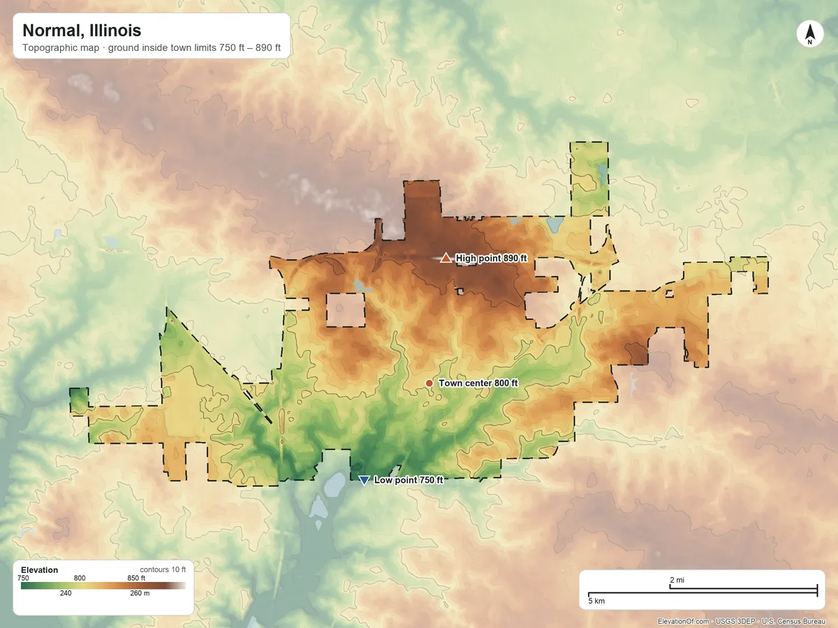Topographic elevation map of Normal, Illinois, shaded from 750 ft on the southwest side to 890 ft on the north side