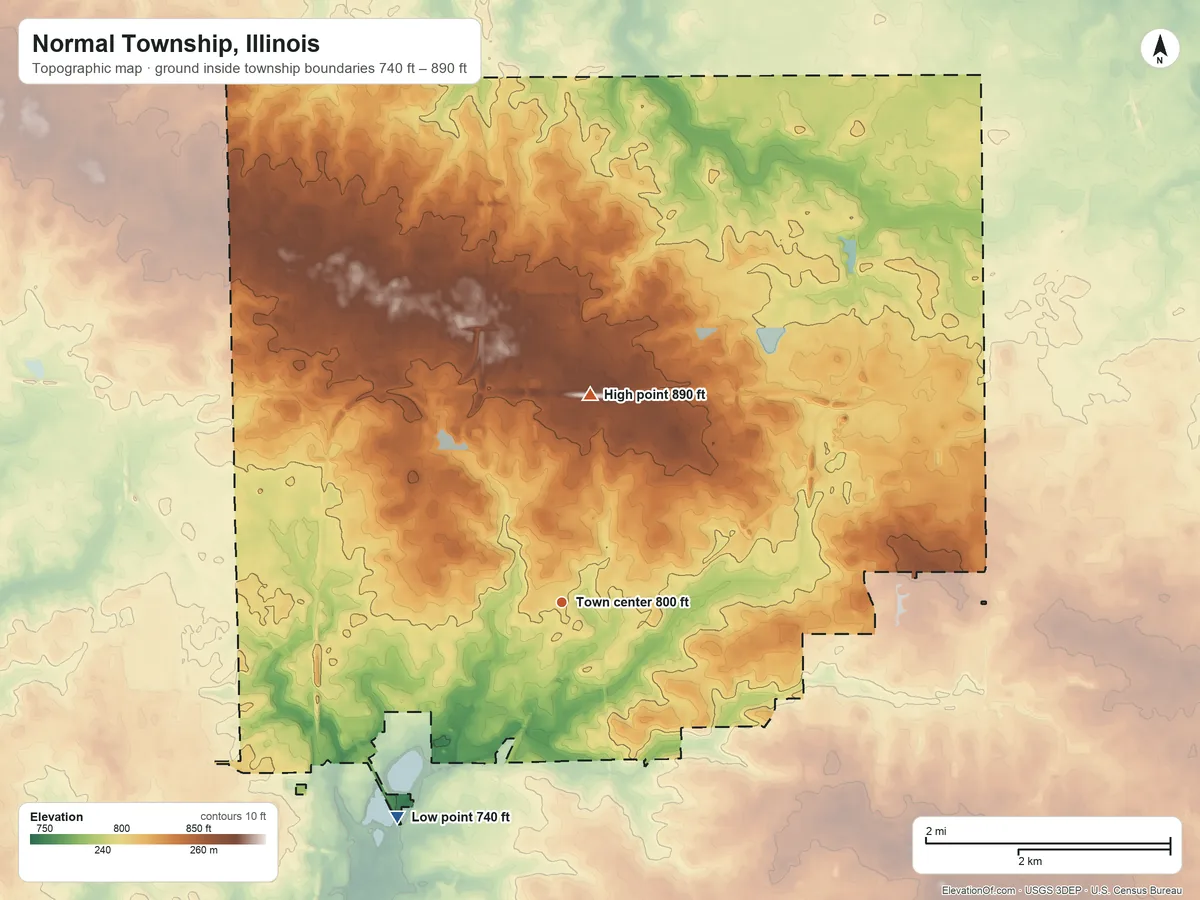 Topographic elevation map of Normal Township, Illinois, shaded from 740 ft on the southwest side to 890 ft on the north side