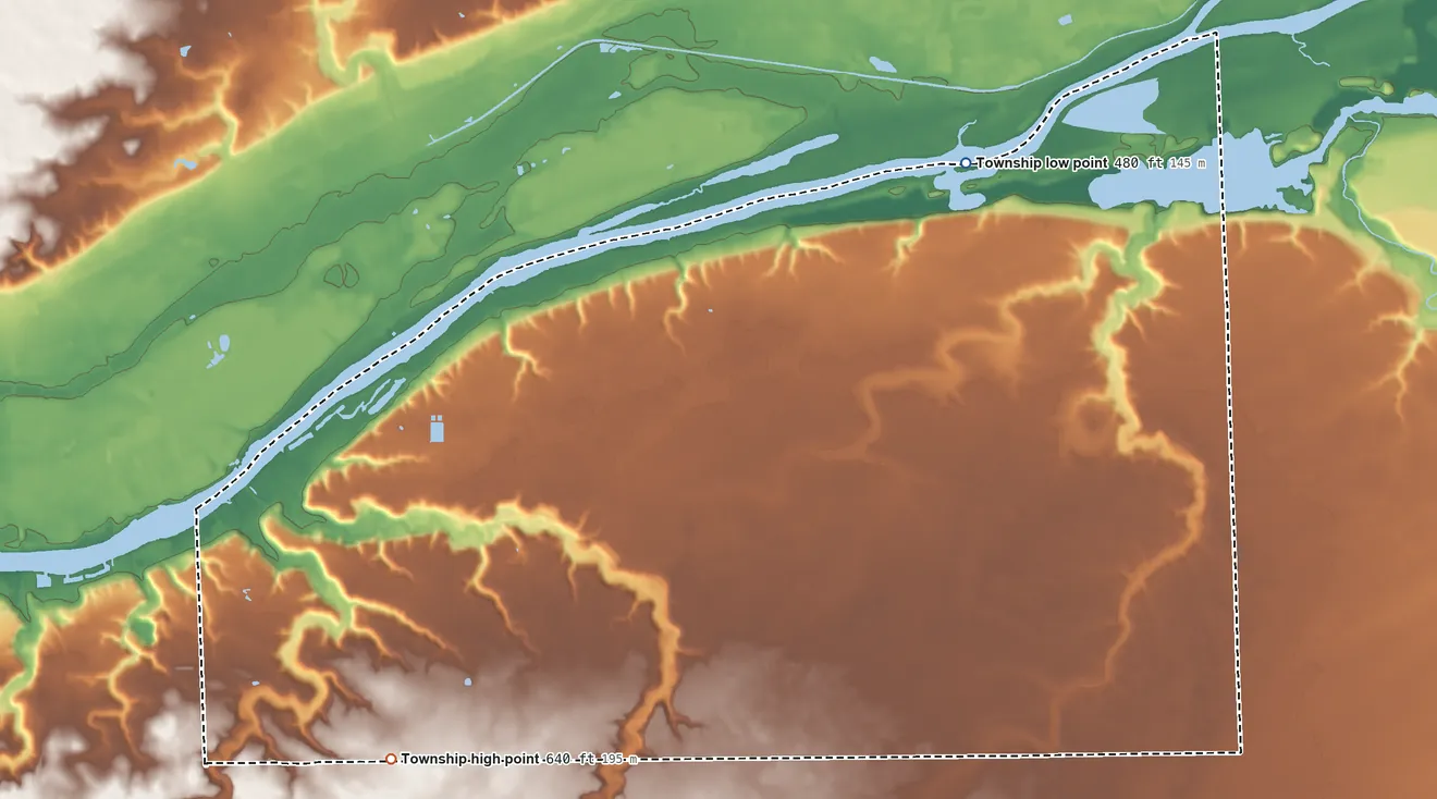 Topographic elevation map of Norman Township, Illinois, shaded from 480 ft on the northeast side to 640 ft on the southwest side