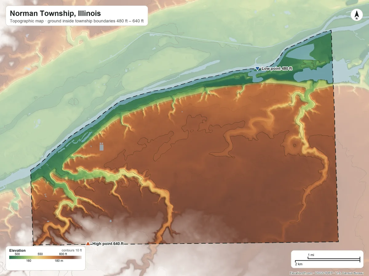 Topographic elevation map of Norman Township, Illinois, shaded from 480 ft on the northeast side to 640 ft on the southwest side