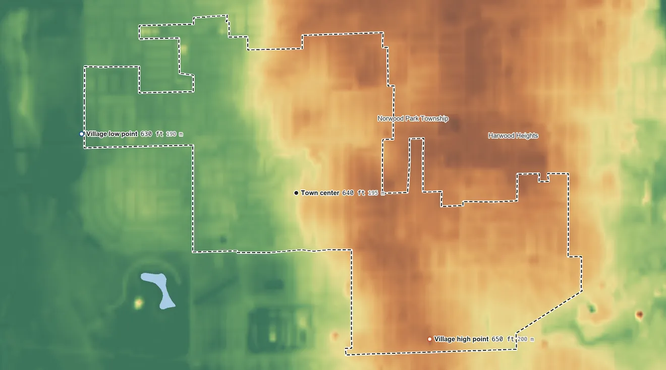 Topographic elevation map of Norridge, Illinois, shaded from 630 ft on the west side to 650 ft on the southeast side