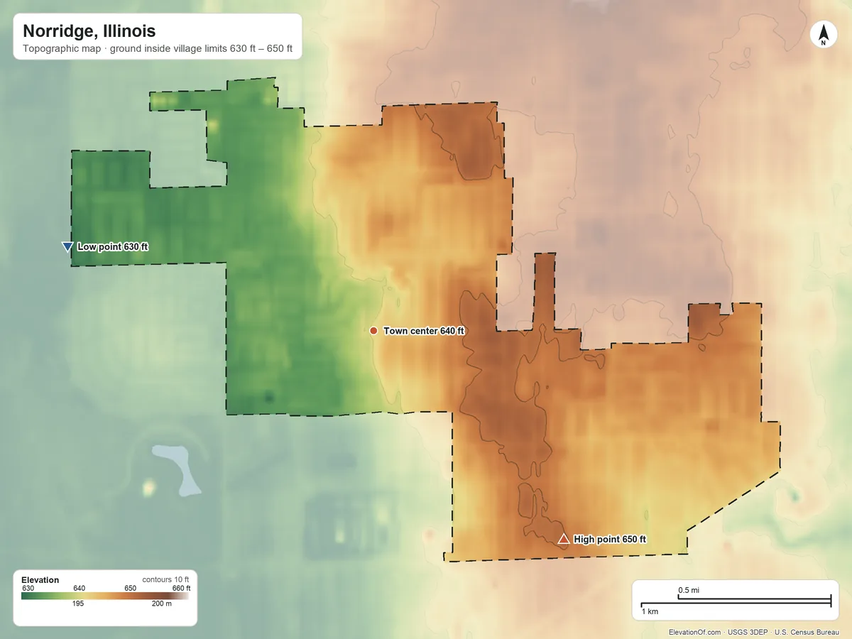 Topographic elevation map of Norridge, Illinois, shaded from 630 ft on the west side to 650 ft on the southeast side