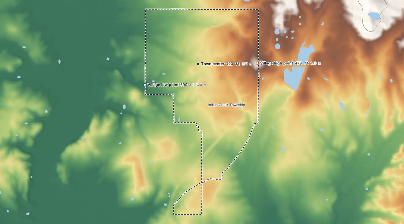 Topographic elevation map of Norris City, Illinois, shaded from 390 ft on the west side to 470 ft on the east side