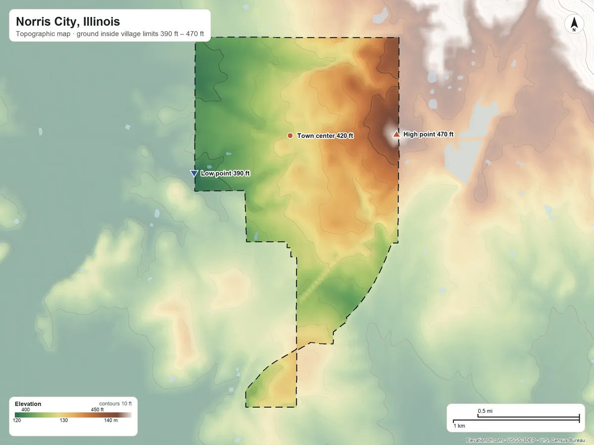 Topographic elevation map of Norris City, Illinois, shaded from 390 ft on the west side to 470 ft on the east side