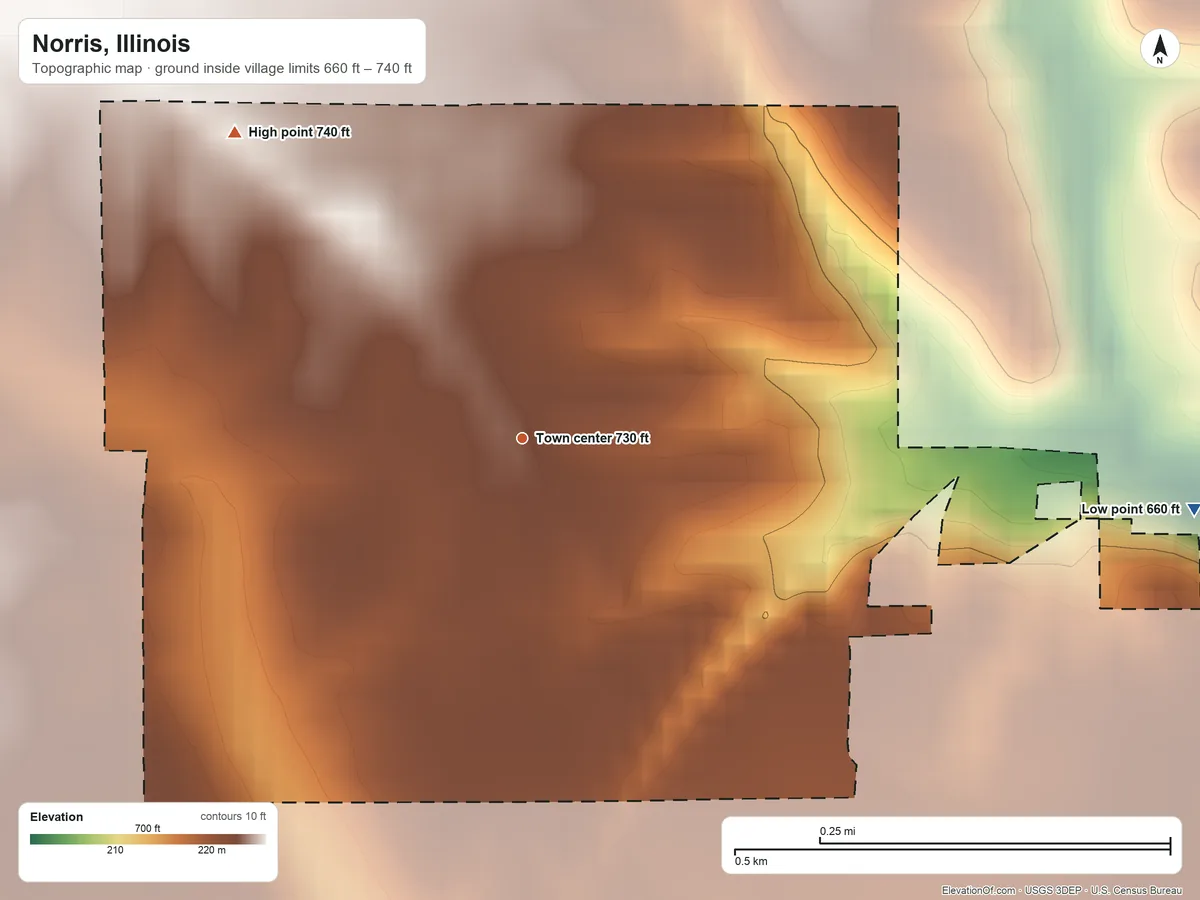 Topographic elevation map of Norris, Illinois, shaded from 660 ft on the east side to 740 ft on the northwest side