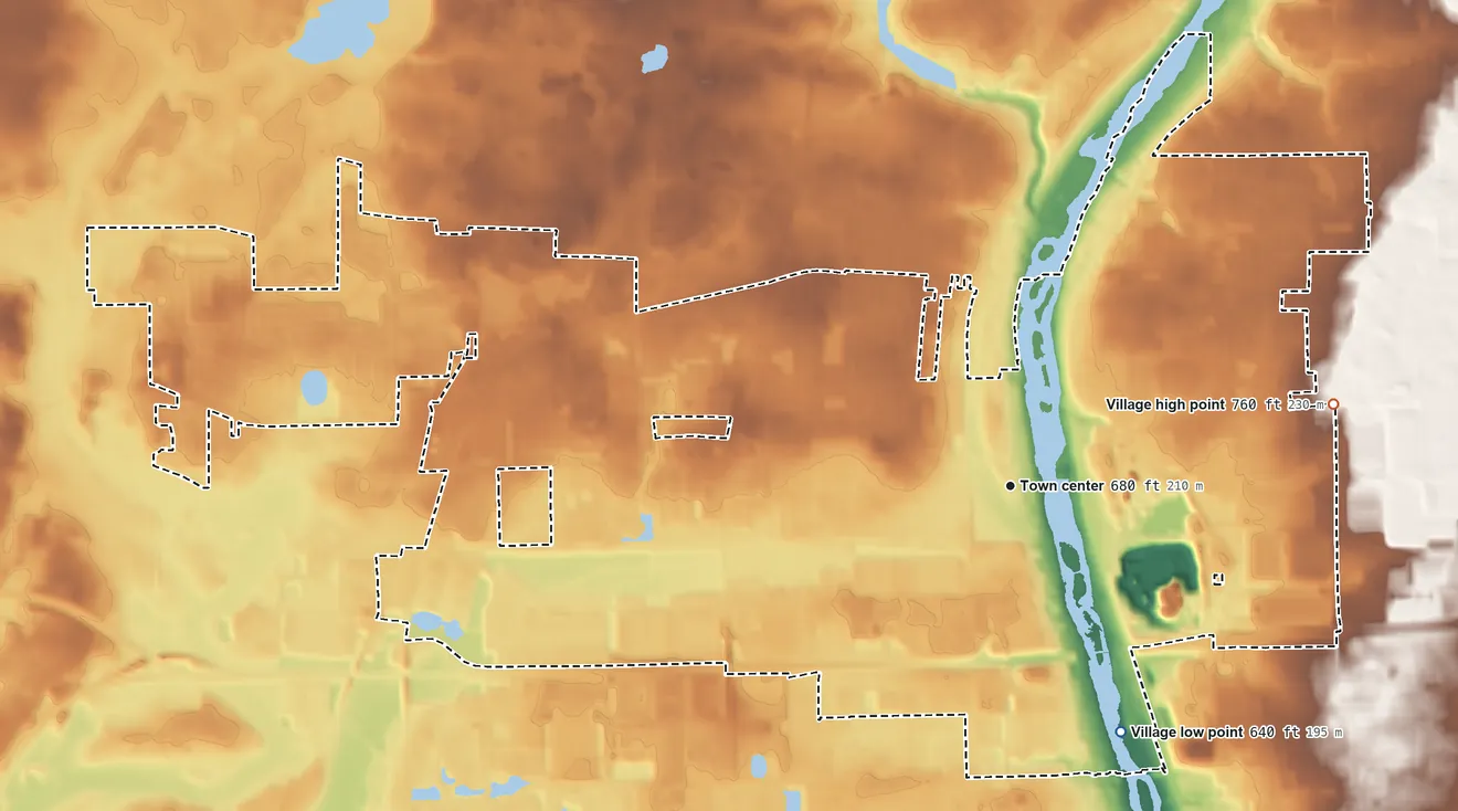 Topographic elevation map of North Aurora, Illinois, shaded from 640 ft on the southeast side to 760 ft on the east side