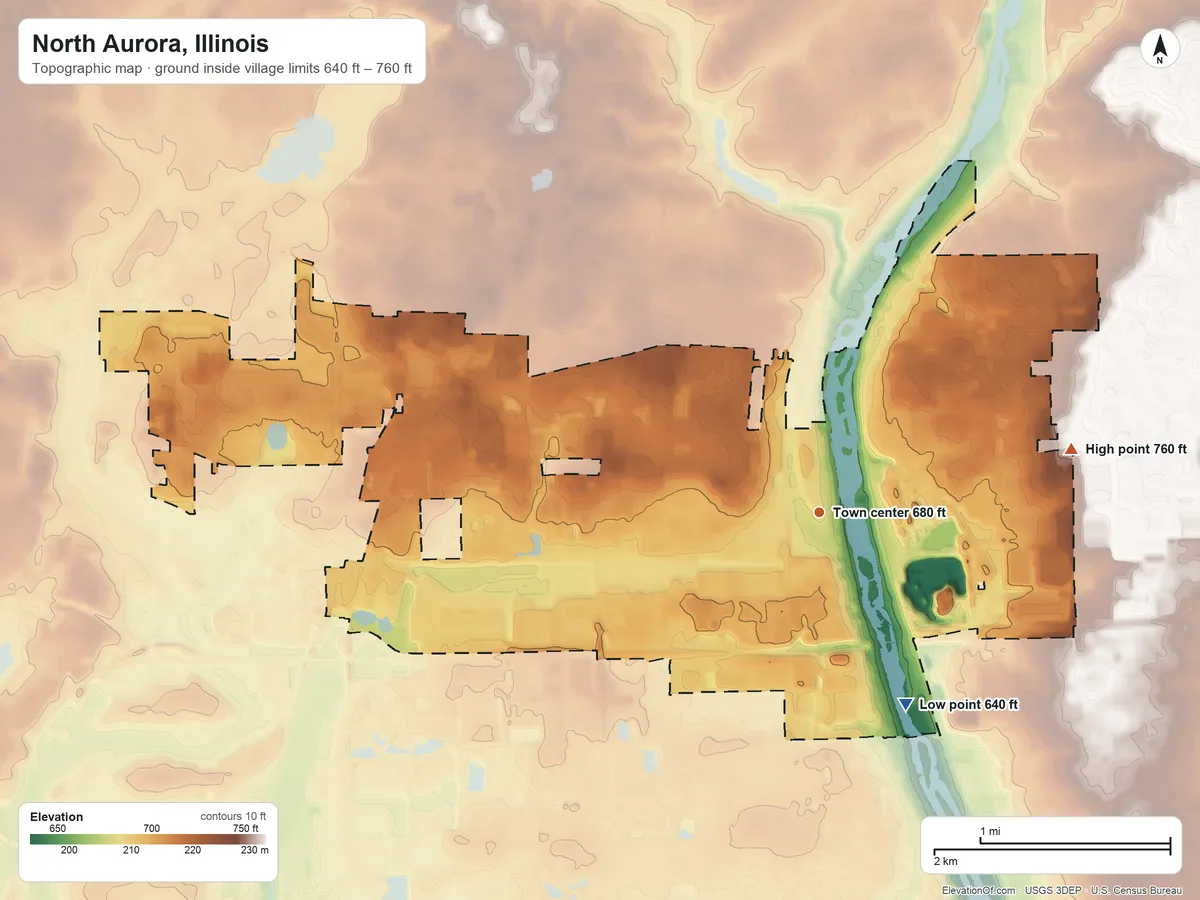 Topographic elevation map of North Aurora, Illinois, shaded from 640 ft on the southeast side to 760 ft on the east side