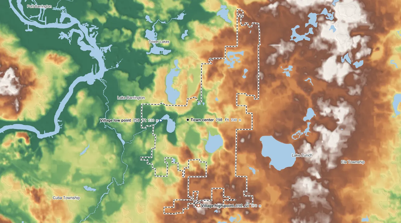 Topographic elevation map of North Barrington, Illinois, shaded from 750 ft on the west side to 890 ft on the south side