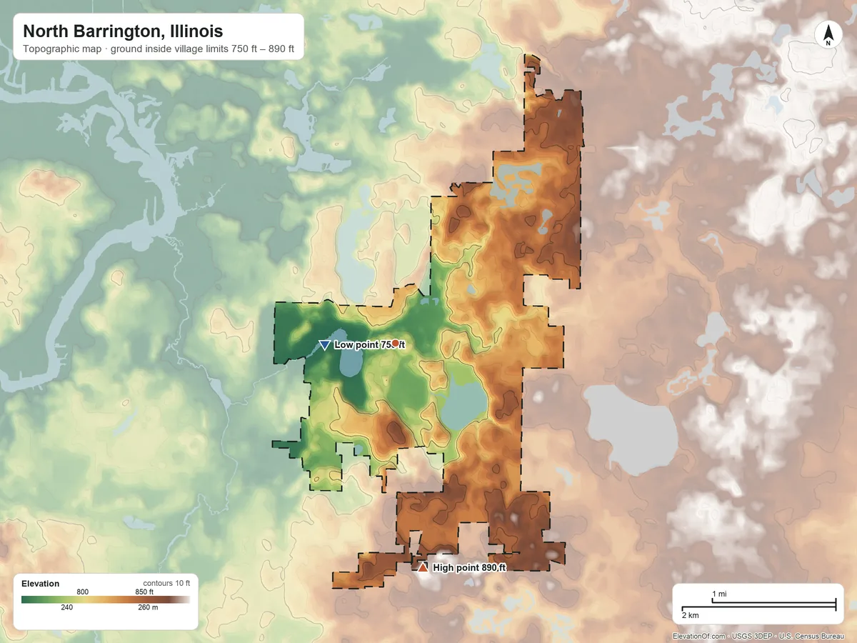 Topographic elevation map of North Barrington, Illinois, shaded from 750 ft on the west side to 890 ft on the south side