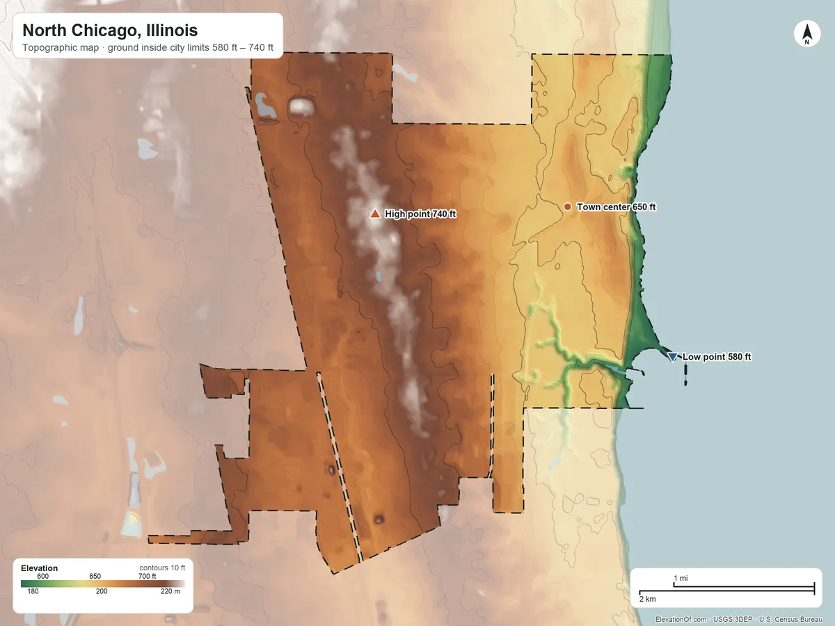 Topographic elevation map of North Chicago, Illinois, shaded from 580 ft on the southeast side to 740 ft on the west side