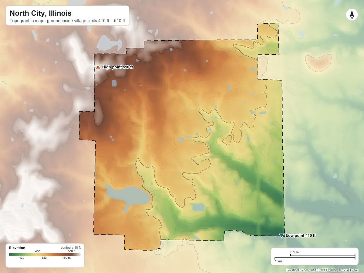 Topographic elevation map of North City, Illinois, shaded from 410 ft on the southeast side to 510 ft on the northwest side
