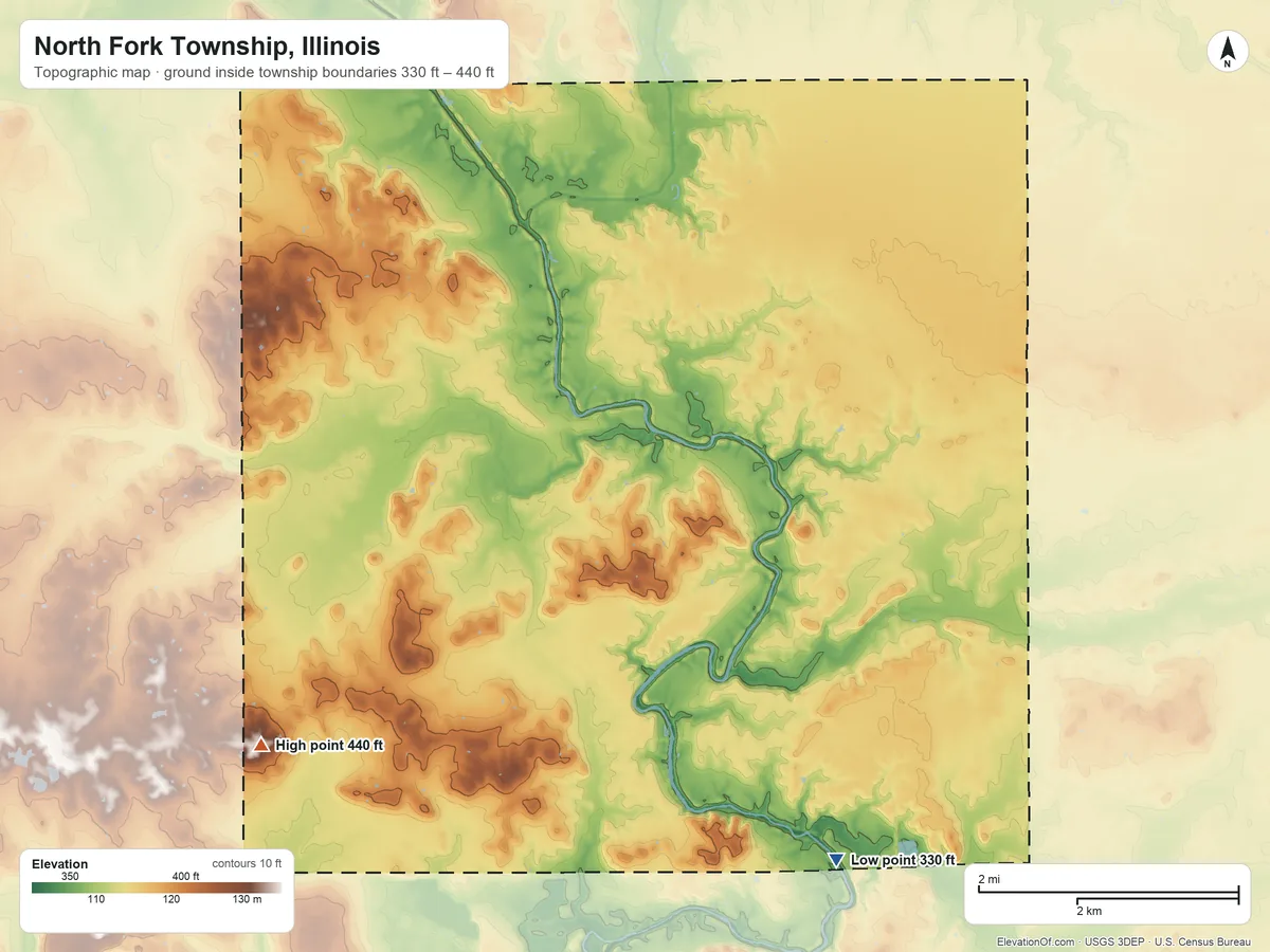 Topographic elevation map of North Fork Township, Illinois, shaded from 330 ft on the south side to 440 ft on the west side