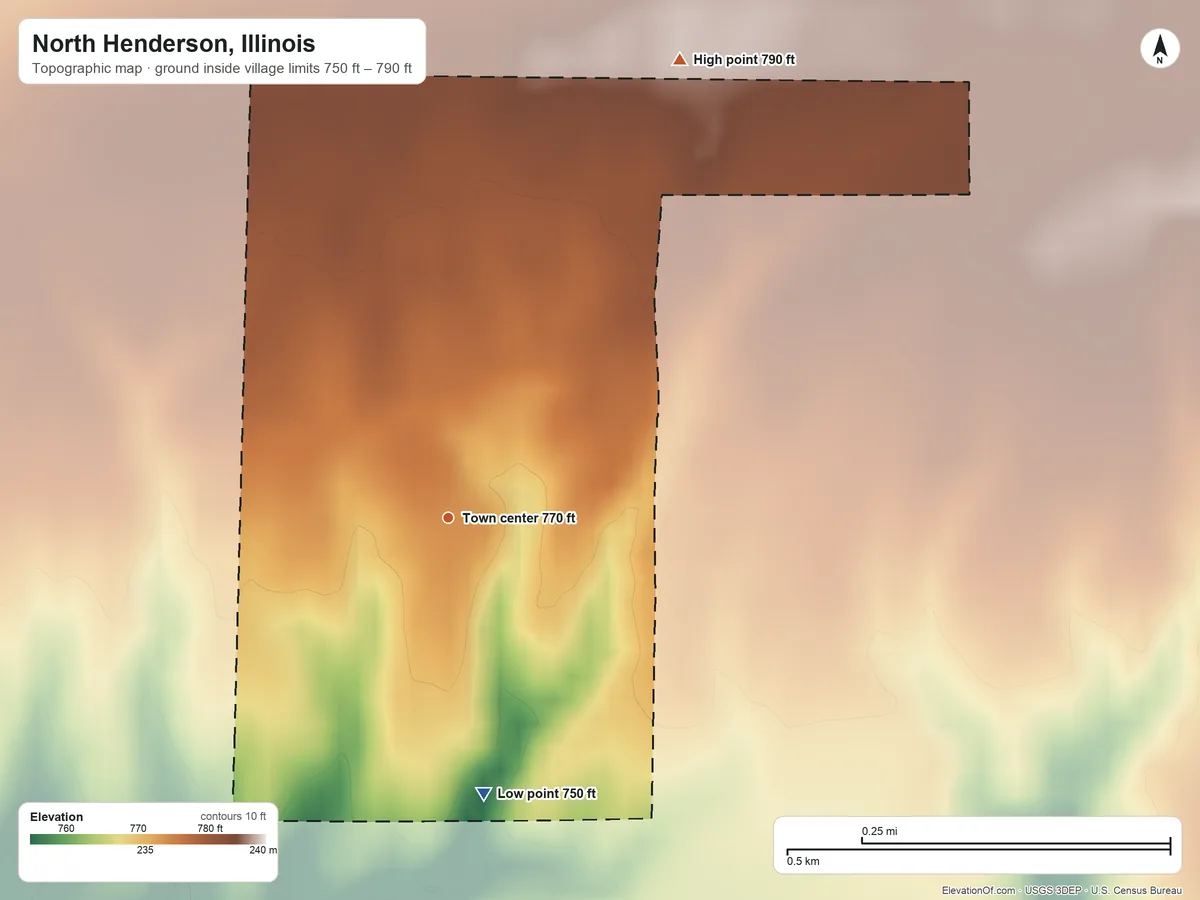 Topographic elevation map of North Henderson, Illinois, shaded from 750 ft on the south side to 790 ft on the northeast side