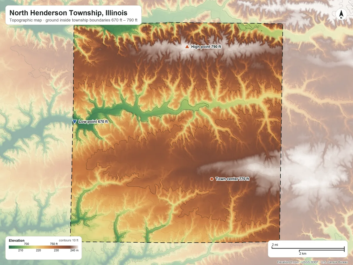 Topographic elevation map of North Henderson Township, Illinois, shaded from 670 ft on the northwest side to 790 ft on the north side