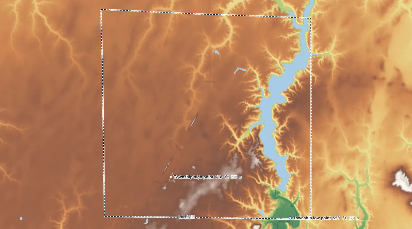 Topographic elevation map of North Litchfield Township, Illinois, shaded from 550 ft on the east side to 710 ft on the west side