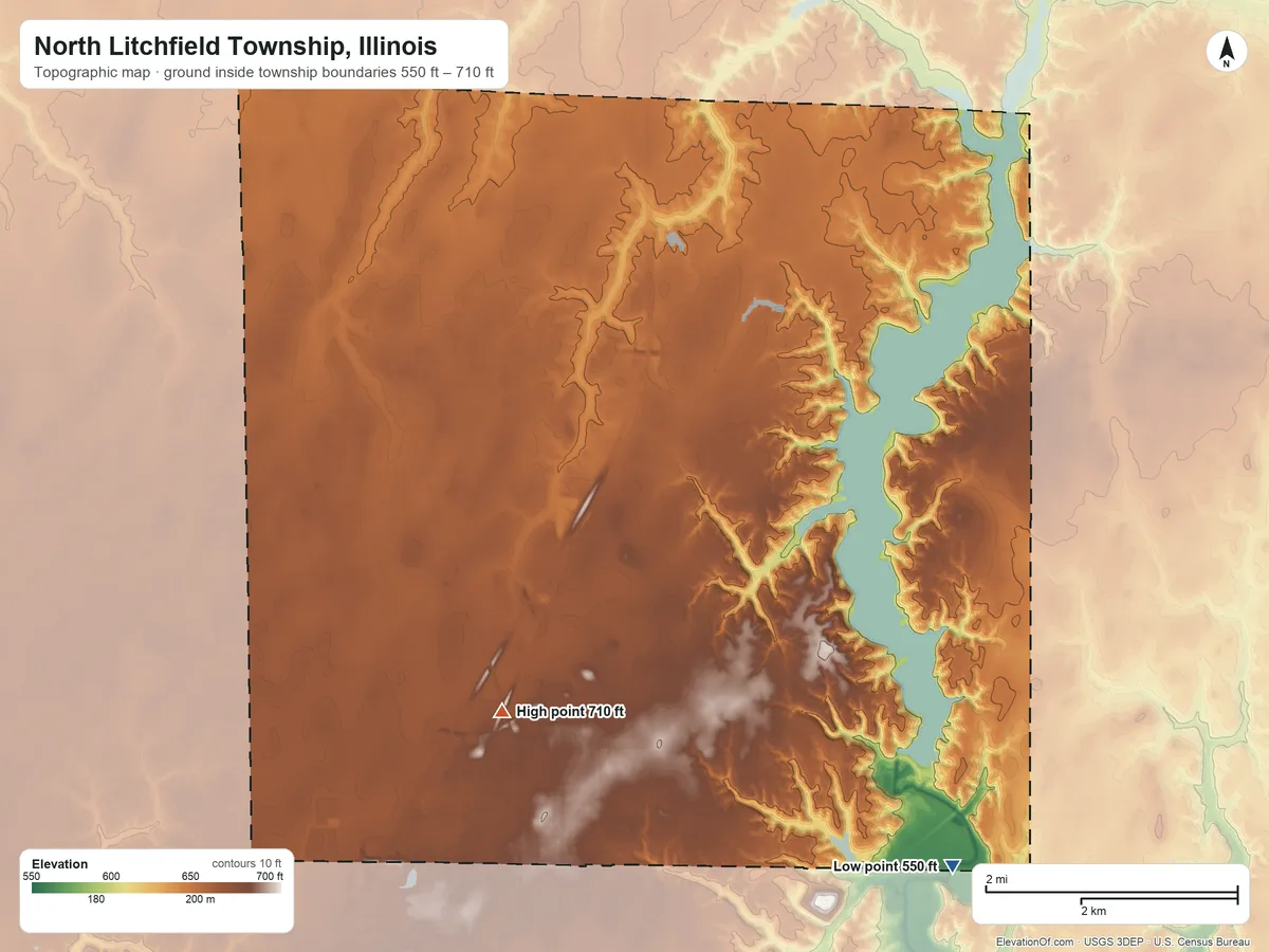 Topographic elevation map of North Litchfield Township, Illinois, shaded from 550 ft on the east side to 710 ft on the west side