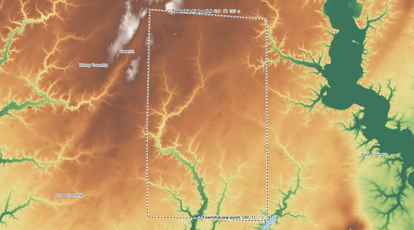 Topographic elevation map of North Muddy Township, Illinois, shaded from 500 ft on the south side to 610 ft on the north side