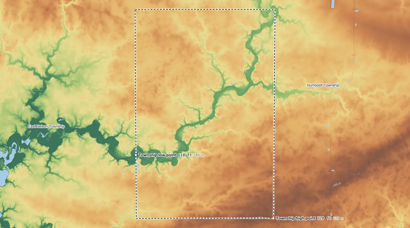 Topographic elevation map of North Okaw Township, Illinois, shaded from 610 ft on the southwest side to 720 ft on the southeast side