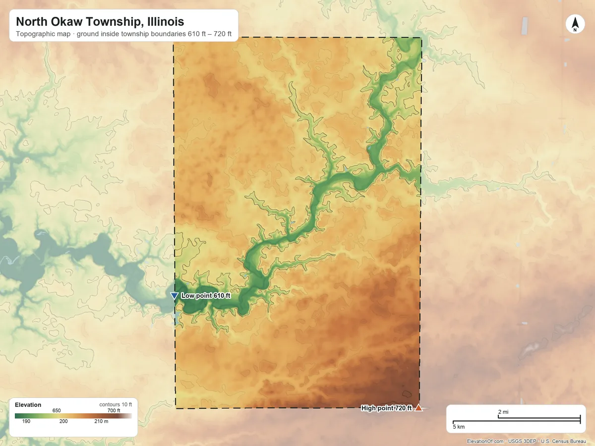 Topographic elevation map of North Okaw Township, Illinois, shaded from 610 ft on the southwest side to 720 ft on the southeast side