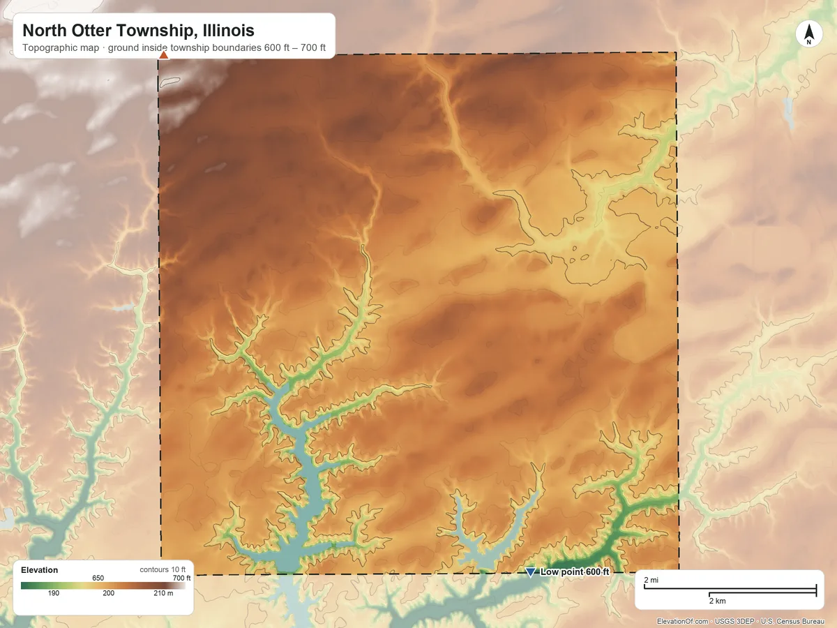 Topographic elevation map of North Otter Township, Illinois, shaded from 600 ft on the southeast side to 700 ft on the northwest side