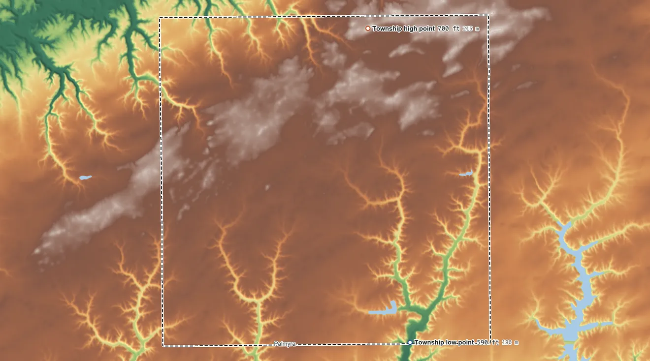 Topographic elevation map of North Palmyra Township, Illinois, shaded from 590 ft on the southeast side to 700 ft on the north side