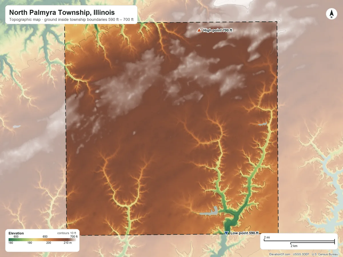 Topographic elevation map of North Palmyra Township, Illinois, shaded from 590 ft on the southeast side to 700 ft on the north side