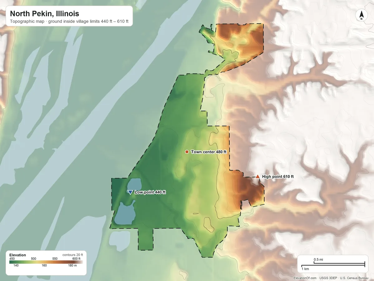 Topographic elevation map of North Pekin, Illinois, shaded from 440 ft on the southwest side to 610 ft on the east side