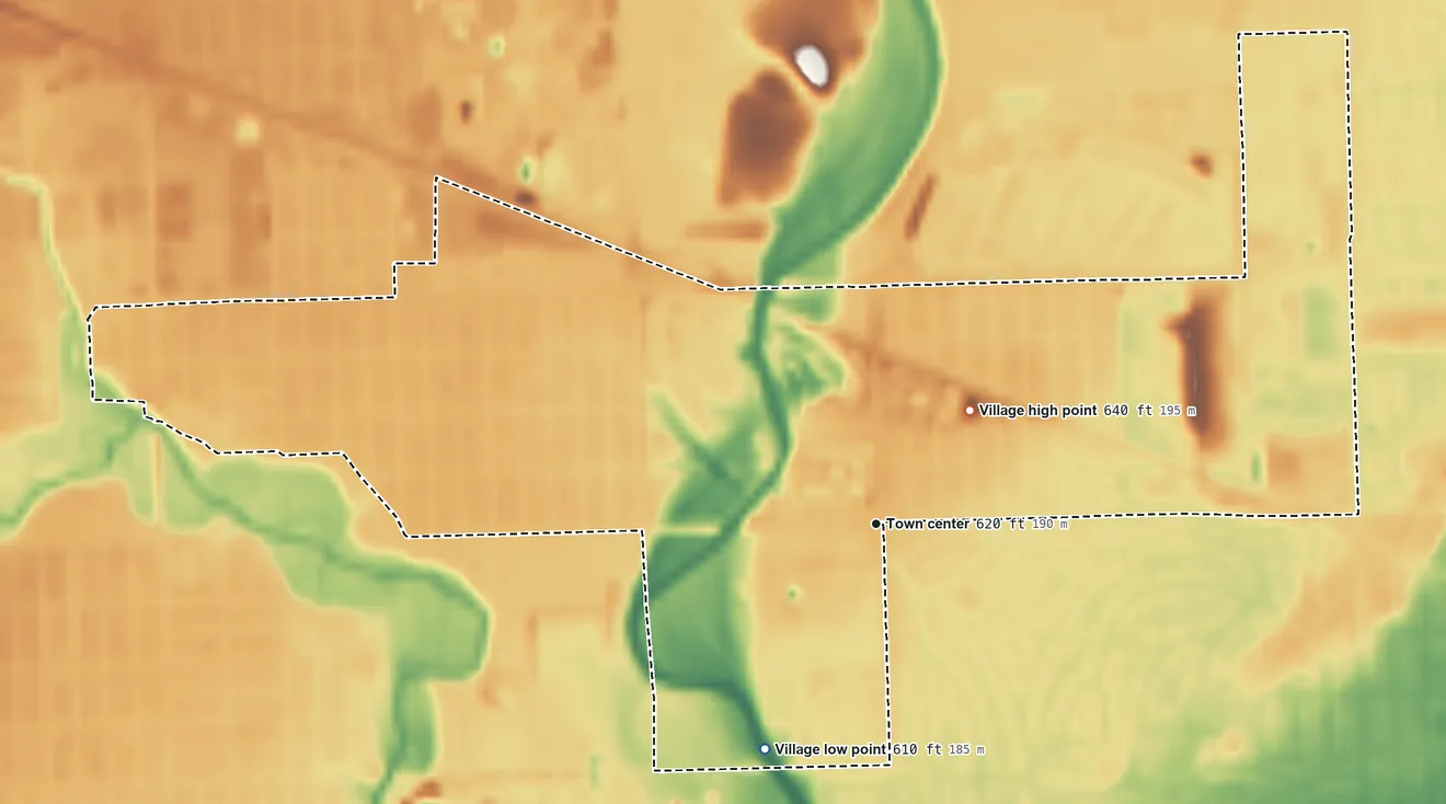 Topographic elevation map of North Riverside, Illinois, shaded from 610 ft on the southwest side to 640 ft on the northeast side