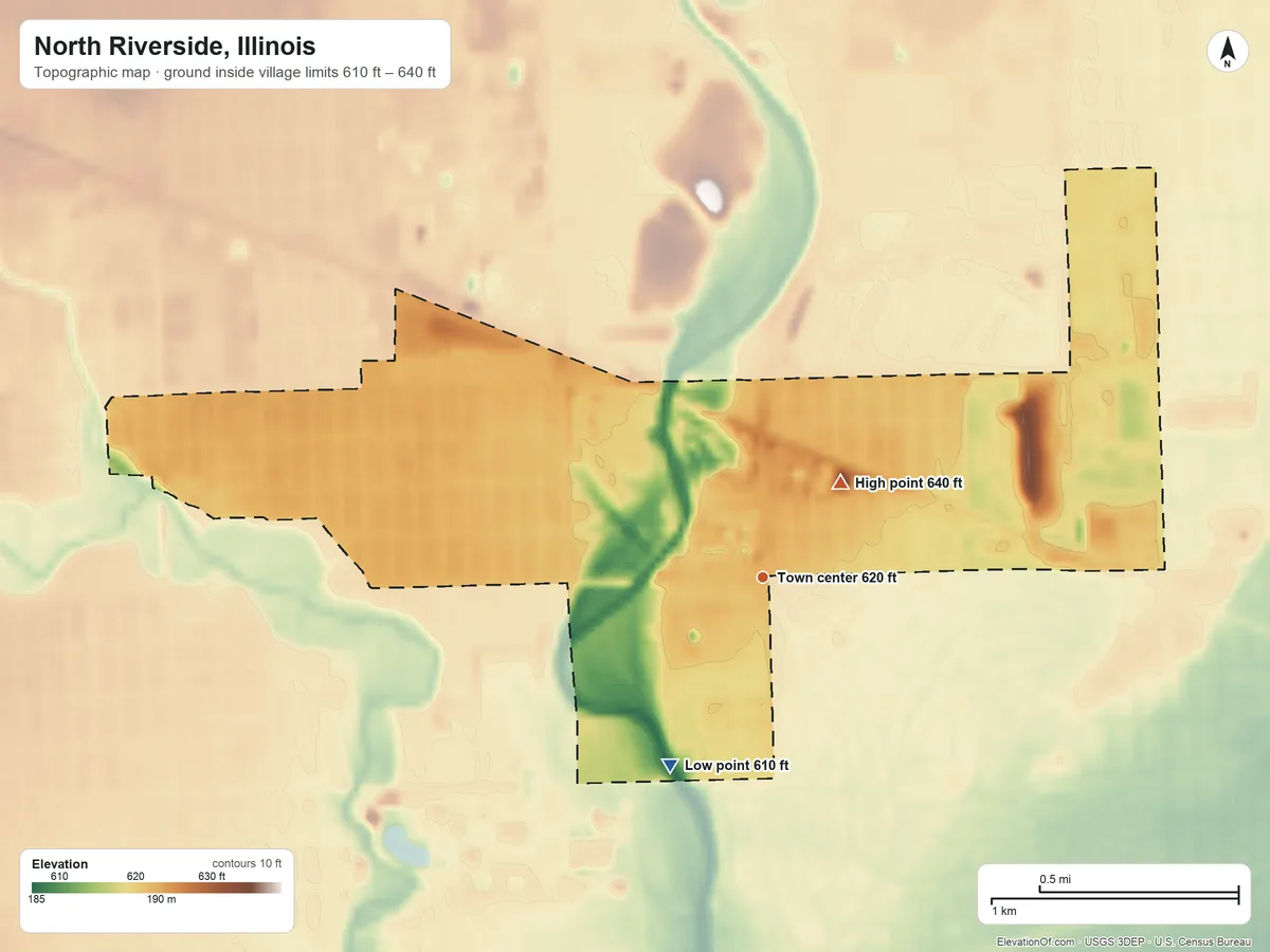 Topographic elevation map of North Riverside, Illinois, shaded from 610 ft on the southwest side to 640 ft on the northeast side