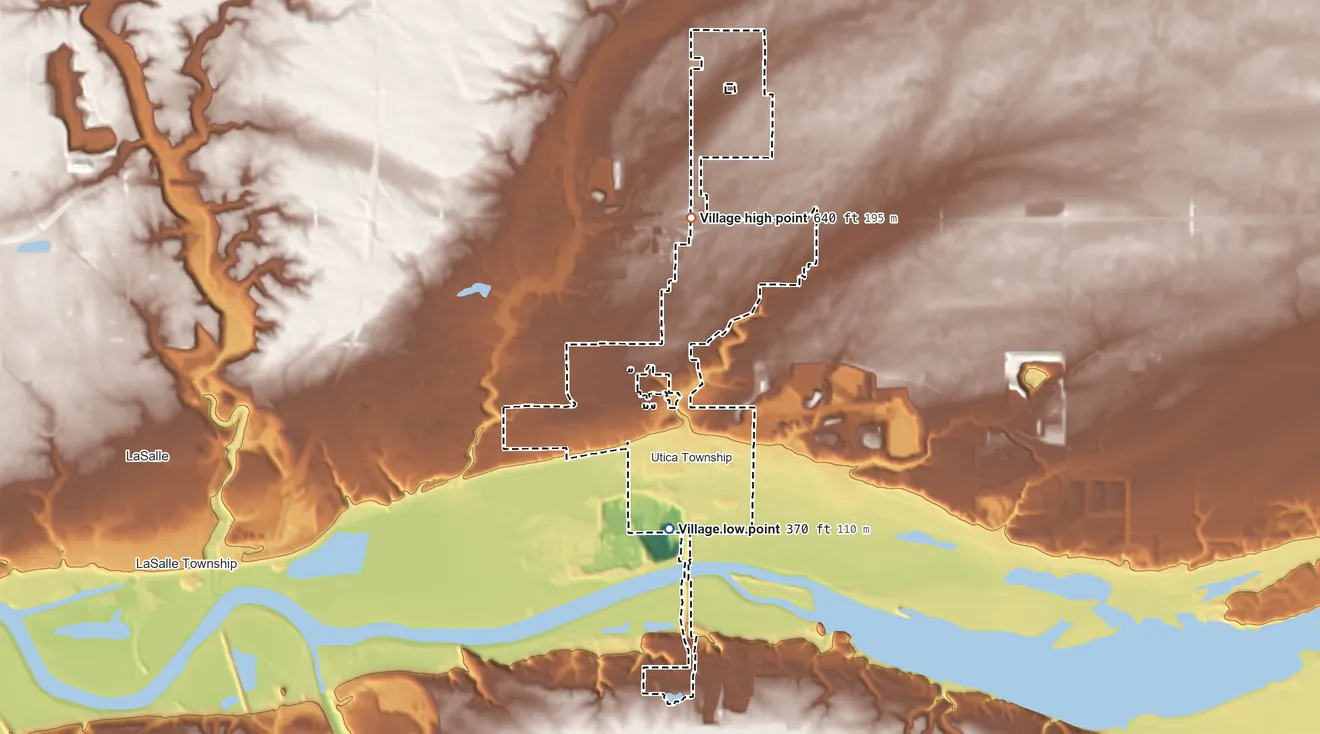 Topographic elevation map of North Utica, Illinois, shaded from 370 ft on the south side to 640 ft on the north side