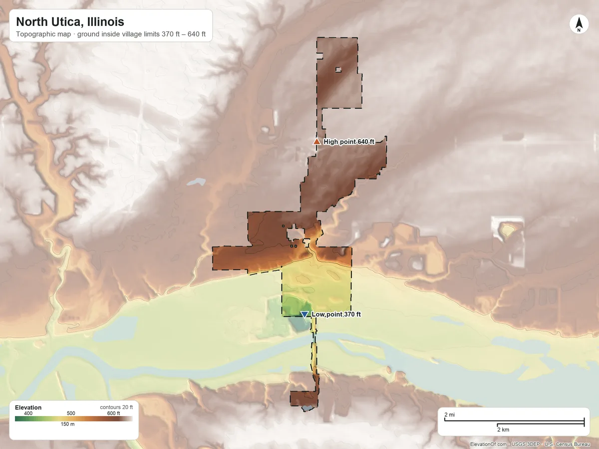 Topographic elevation map of North Utica, Illinois, shaded from 370 ft on the south side to 640 ft on the north side