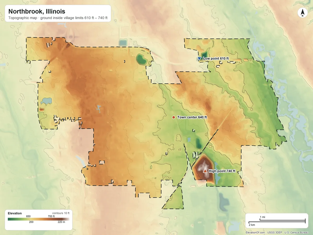 Topographic elevation map of Northbrook, Illinois, shaded from 610 ft on the northeast side to 740 ft on the southeast side