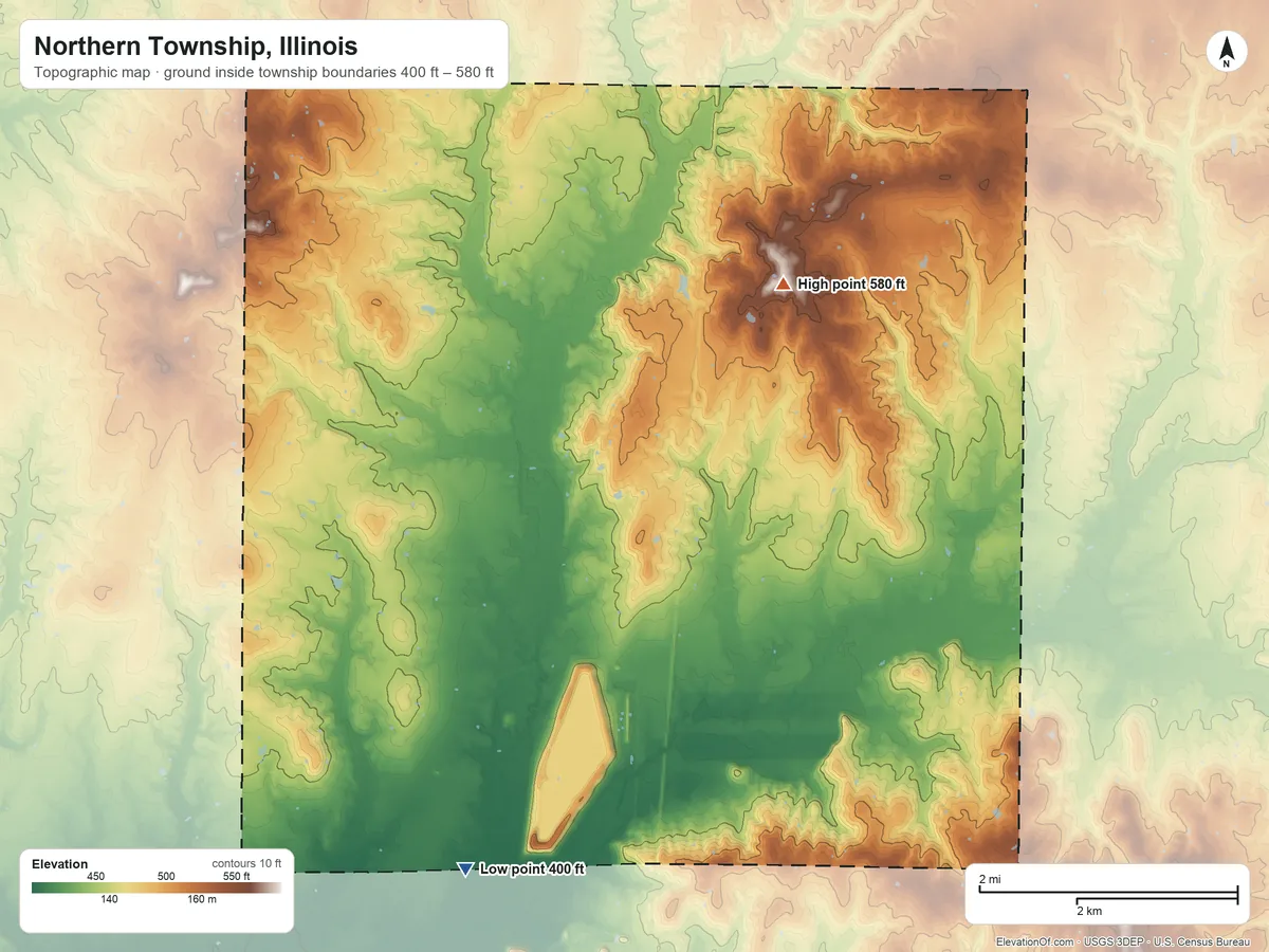 Topographic elevation map of Northern Township, Illinois, shaded from 400 ft on the southwest side to 580 ft on the northeast side