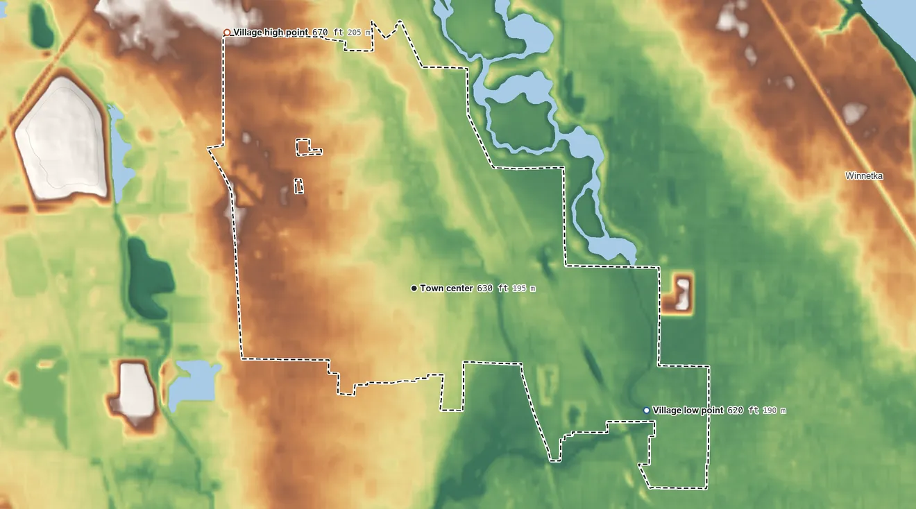 Topographic elevation map of Northfield, Illinois, shaded from 620 ft on the southeast side to 670 ft on the northwest side