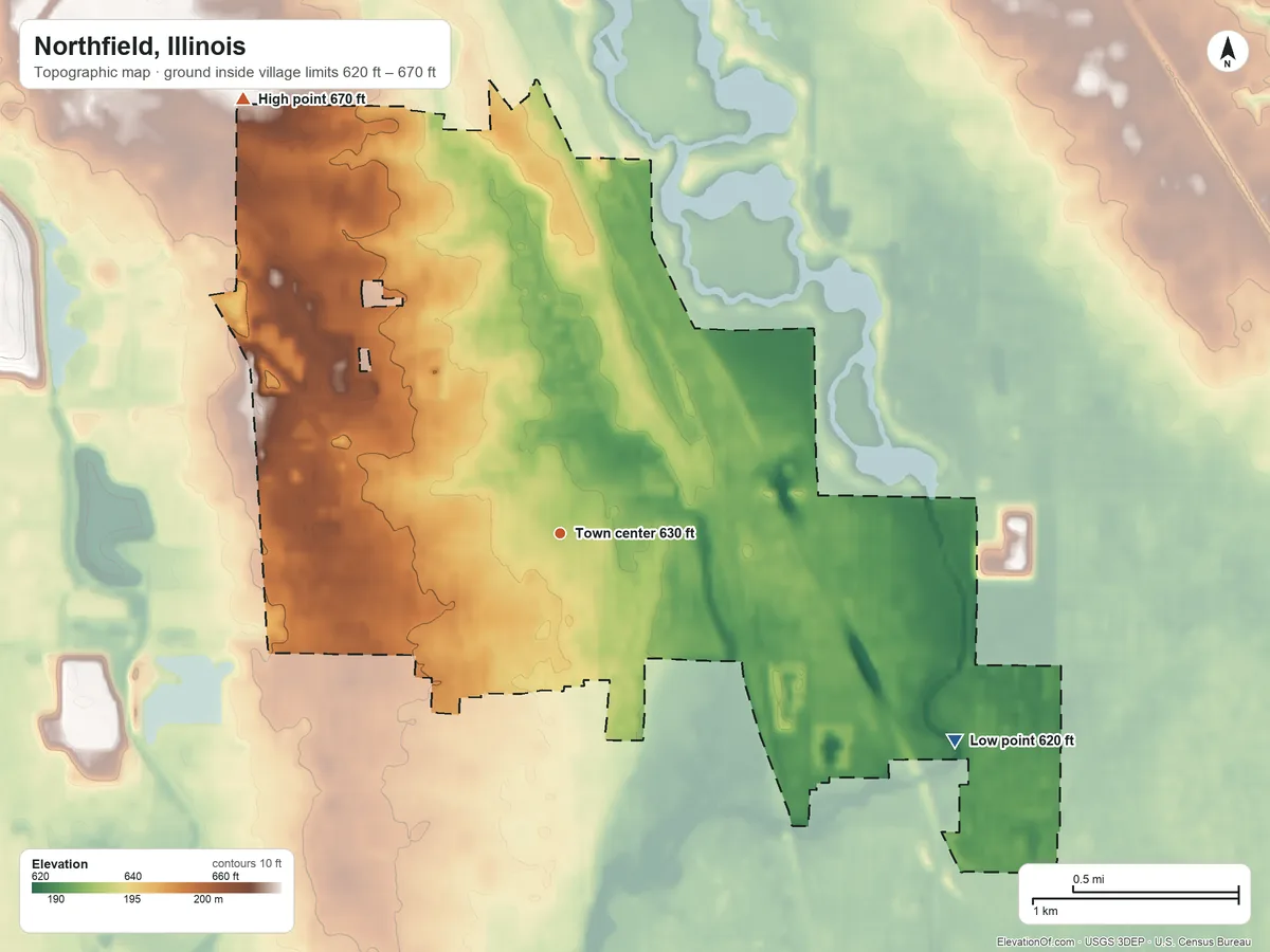 Topographic elevation map of Northfield, Illinois, shaded from 620 ft on the southeast side to 670 ft on the northwest side