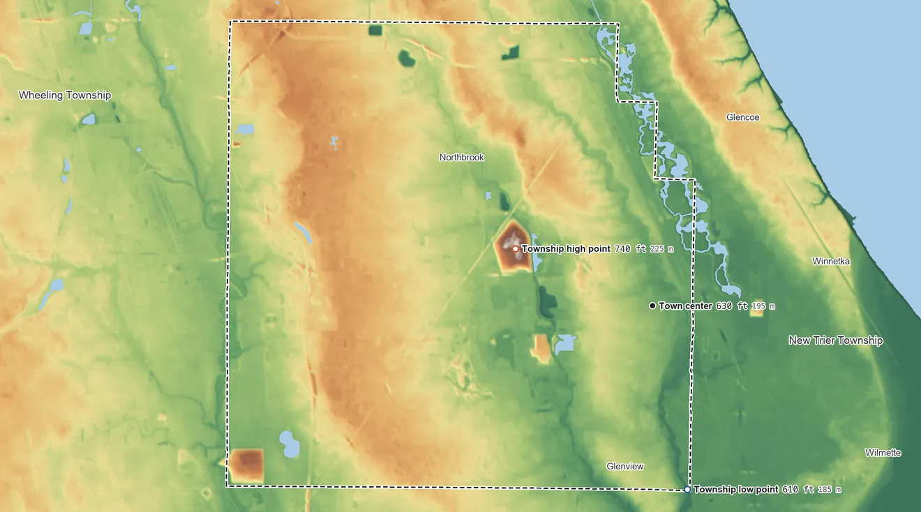 Topographic elevation map of Northfield Township, Illinois, shaded from 610 ft on the south side to 740 ft on the northwest side