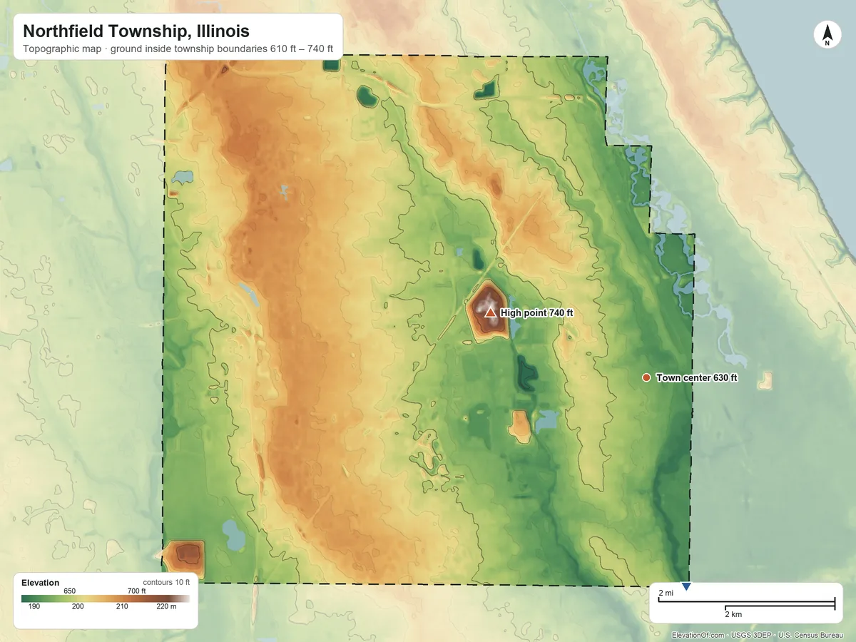 Topographic elevation map of Northfield Township, Illinois, shaded from 610 ft on the south side to 740 ft on the northwest side