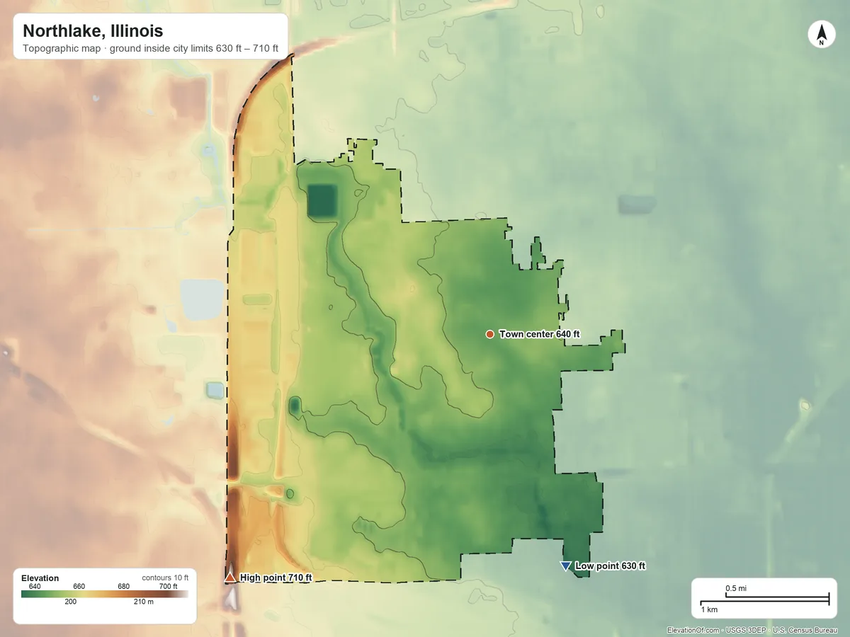 Topographic elevation map of Northlake, Illinois, shaded from 630 ft on the south side to 710 ft on the southwest side