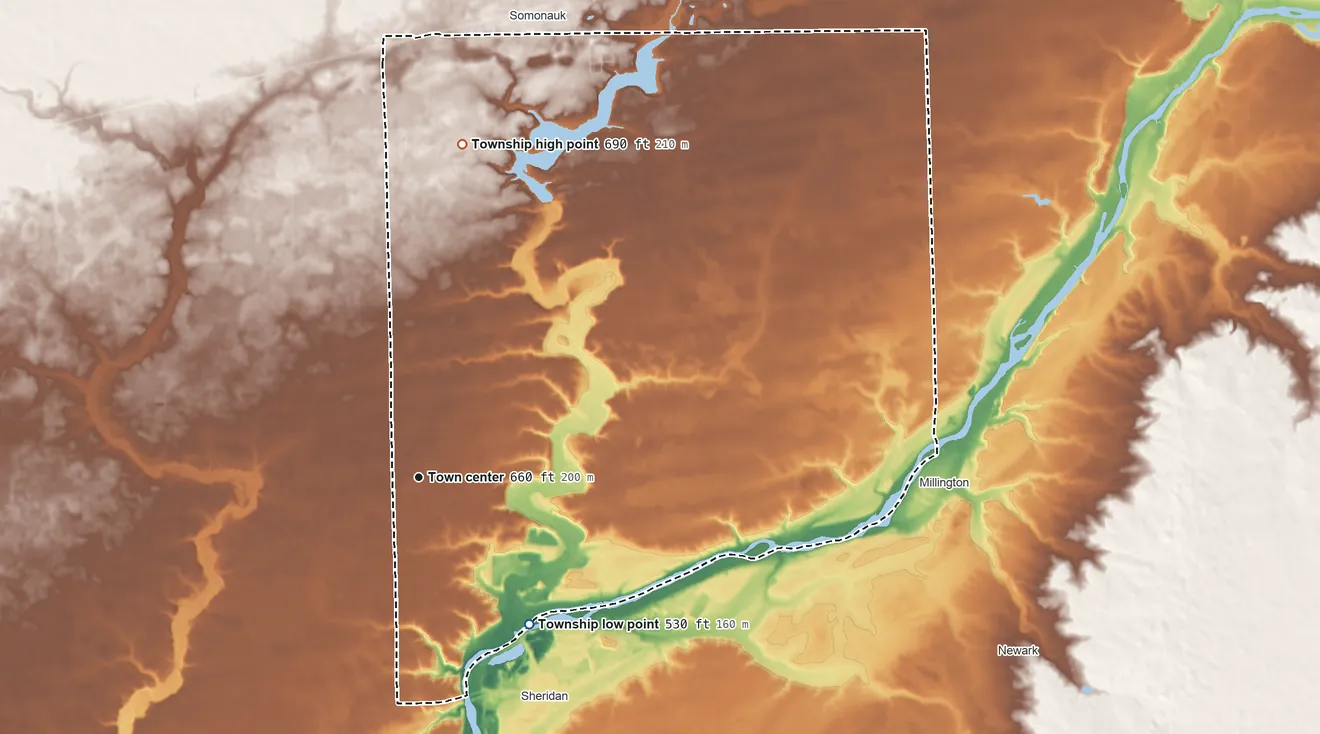 Topographic elevation map of Northville Township, Illinois, shaded from 530 ft on the southeast side to 690 ft on the north side