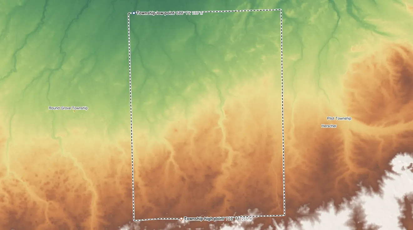 Topographic elevation map of Norton Township, Illinois, shaded from 600 ft on the northwest side to 710 ft on the south side