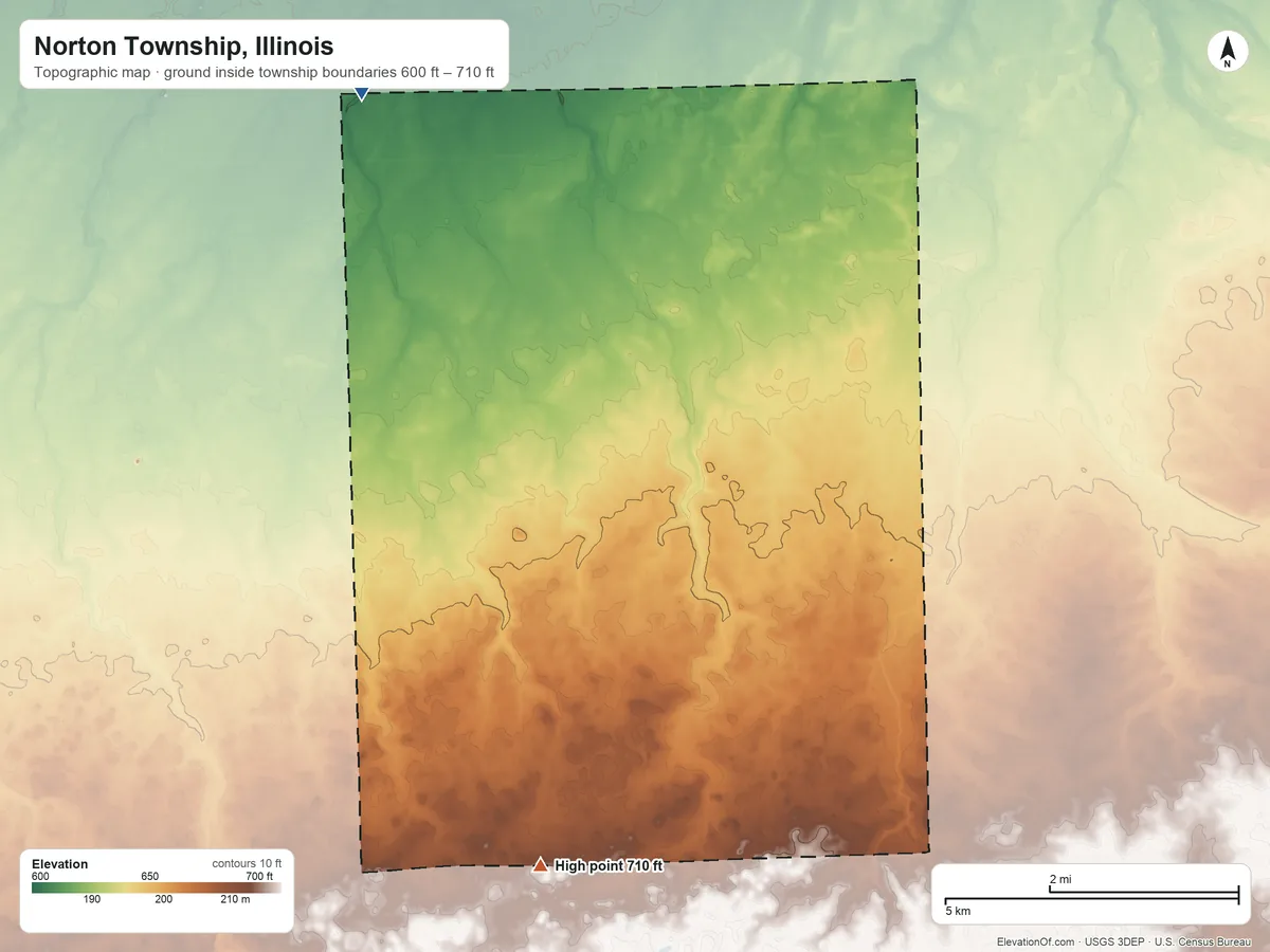 Topographic elevation map of Norton Township, Illinois, shaded from 600 ft on the northwest side to 710 ft on the south side